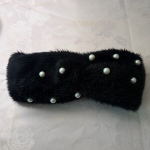 Chic Black Faux Fur Headband with Pearls